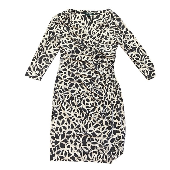 Lauren Ralph Lauren Grey and White Ruched Wrap Dress Size 8 V Neck Bodycon - Picture 8 of 13
